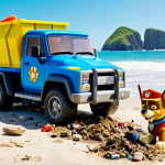 A vibrant scene of the Paw Patrol pups using their unique skills to clean up a polluted beach, focusing on Rocky recycling trash with his truck, set against a sunny Adventure Bay backdrop.