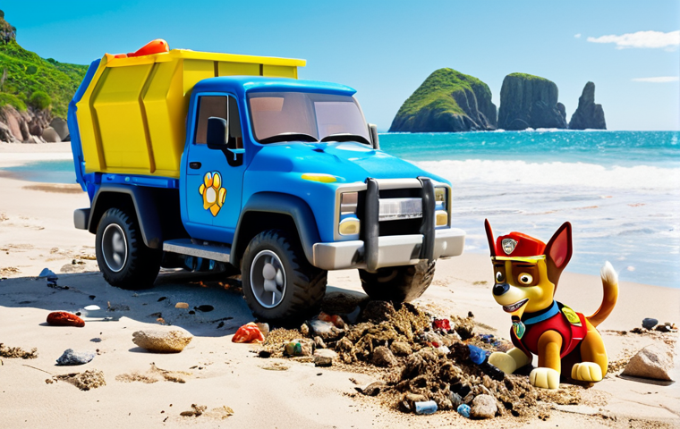 A vibrant scene of the Paw Patrol pups using their unique skills to clean up a polluted beach, focusing on Rocky recycling trash with his truck, set against a sunny Adventure Bay backdrop.