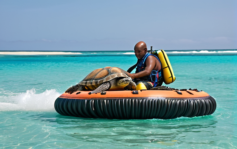 **
> A vibrant and dynamic scene of Zuma in his hovercraft speeding across the water, rescuing a baby sea turtle tangled in a fishing net. Focus on the hovercraft's maneuverability and the delicate use of Zuma's inflatable raft to safely approach the turtle. Capture the essence of Zuma's precision and care in a visually appealing manner.
**