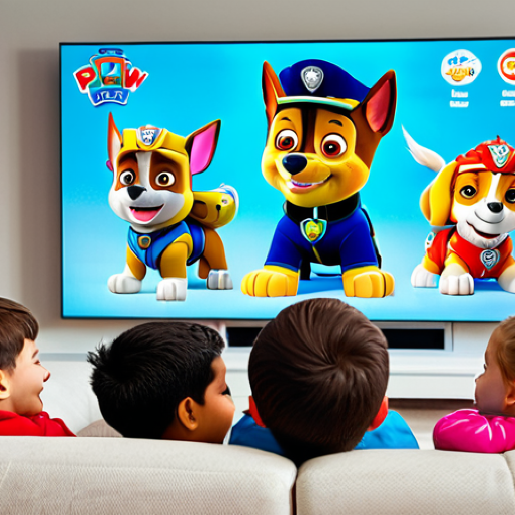 퍼피구조대의 글로벌 팬덤 - **Prompt:** A diverse group of fully clothed children, boys and girls, are smiling and pointing at a...