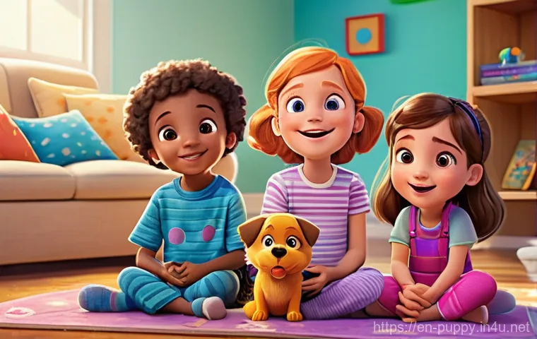 퍼피구조대 방영권 협상 - **Prompt:** A diverse group of young children, ages 4-8, sitting comfortably on a soft rug in a brig...