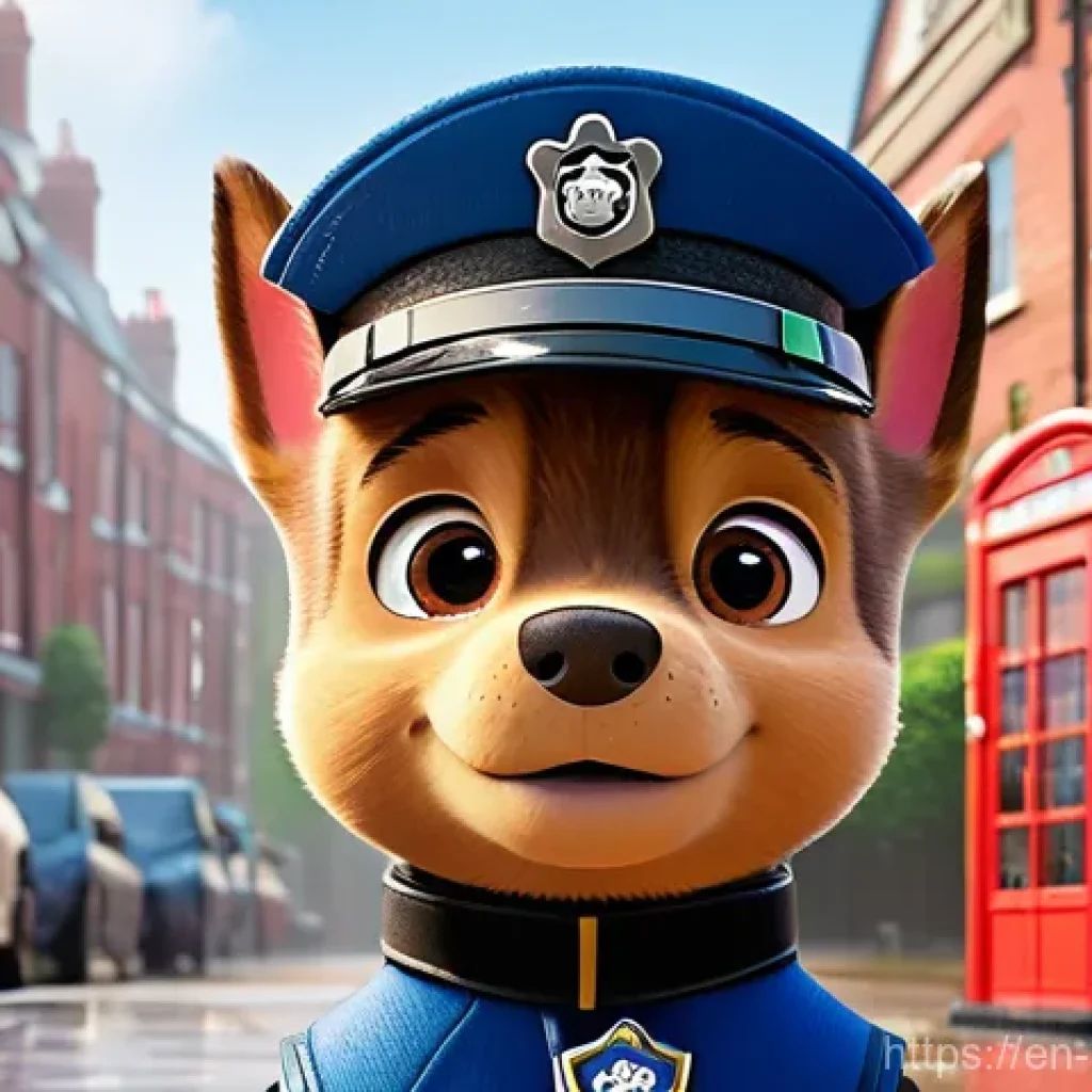 퍼피구조대 방영 국가별 차이점 - A professional-grade illustration of Chase from PAW Patrol, wearing his standard police uniform, sta...