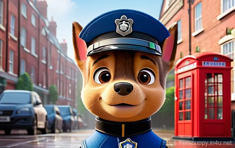 퍼피구조대 방영 국가별 차이점 - A professional-grade illustration of Chase from PAW Patrol, wearing his standard police uniform, sta...