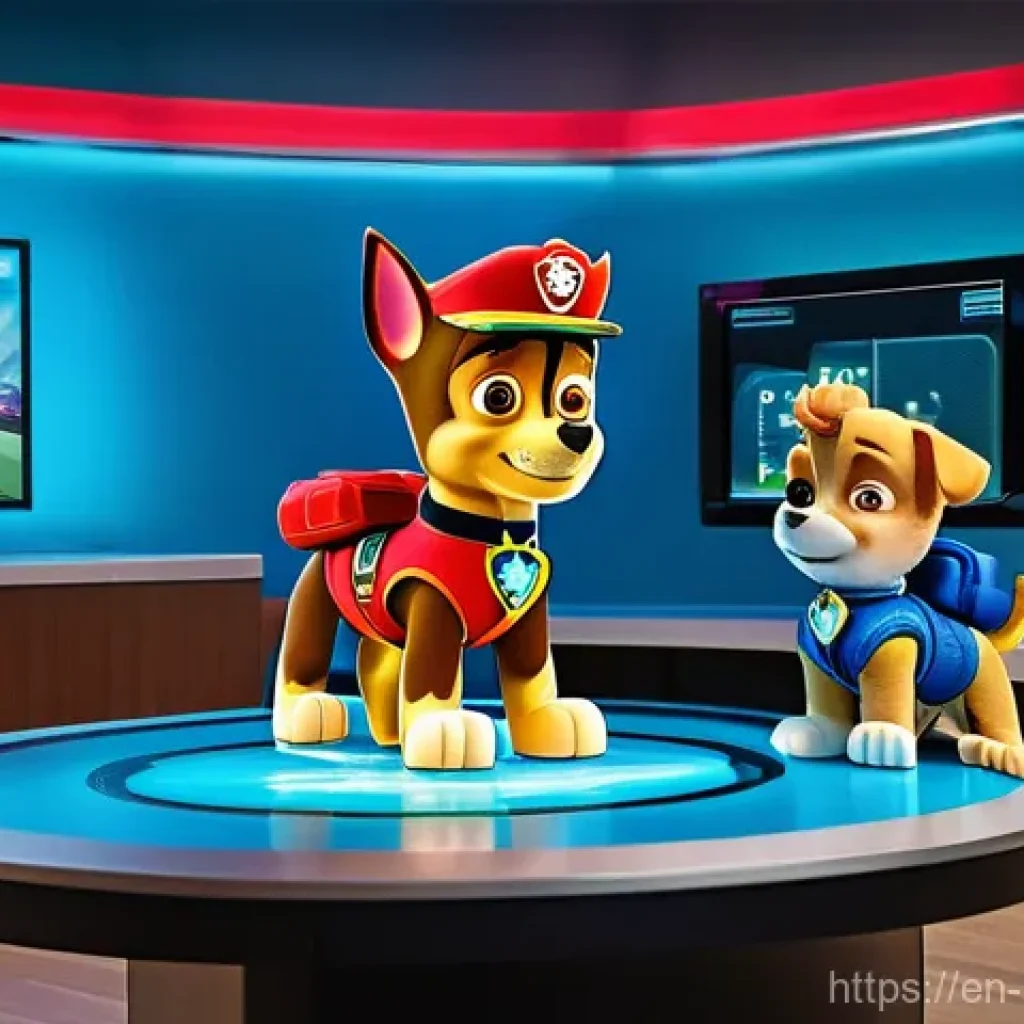 퍼피구조대 관련 커뮤니티 토론 - **Ryder's High-Tech Command Center:**
    "A vibrant, high-angle wide shot of a futuristic command c...