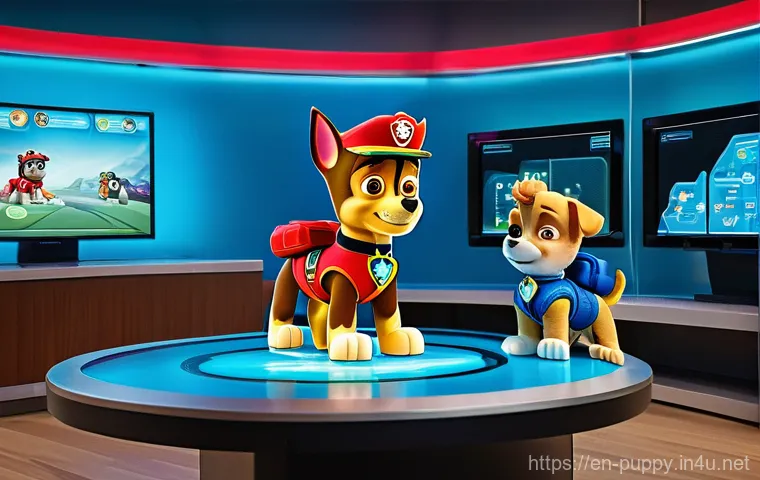 퍼피구조대 관련 커뮤니티 토론 - **Ryder's High-Tech Command Center:**
    "A vibrant, high-angle wide shot of a futuristic command c...