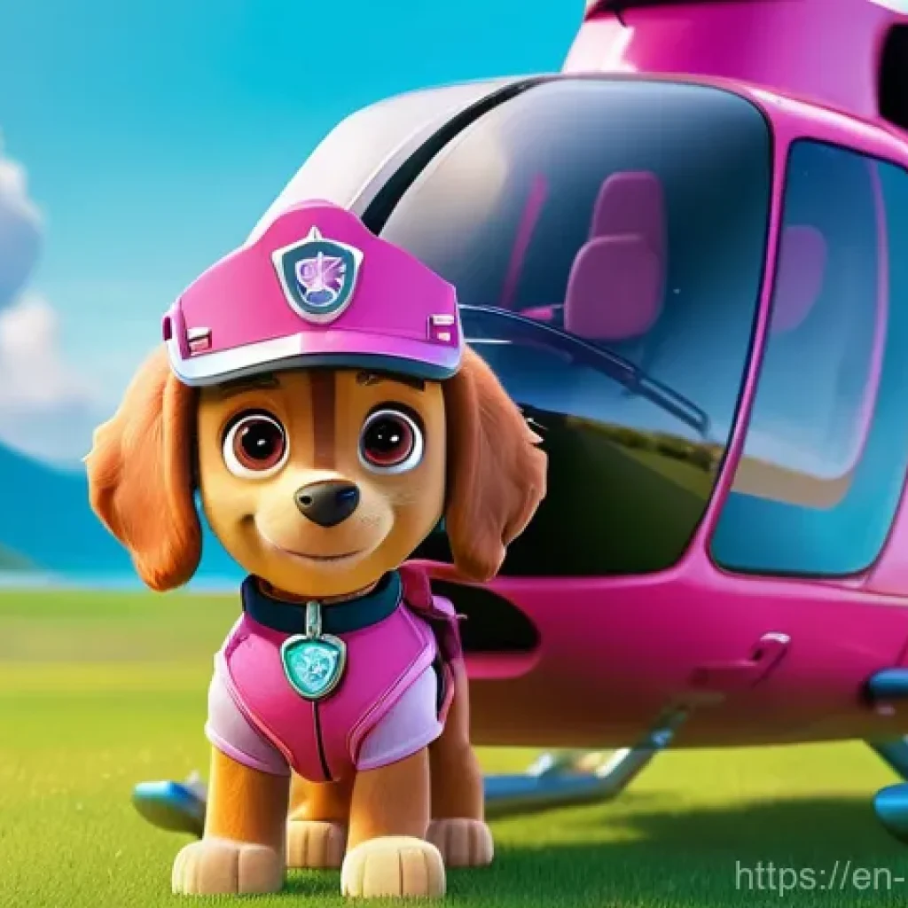 퍼피구조대 스카이와 역할의 중요성 - **"A vibrant and dynamic image of Skye, the courageous female Cockapoo pup from Paw Patrol, expertly...