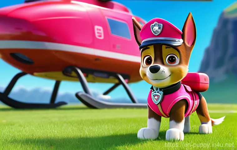 퍼피구조대 스카이와 역할의 중요성 - **"A vibrant and dynamic image of Skye, the courageous female Cockapoo pup from Paw Patrol, expertly...