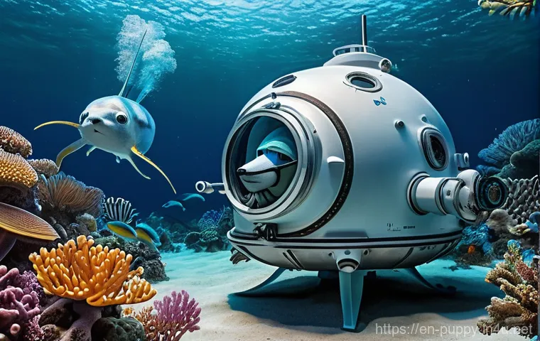 퍼피구조대와 유사한 프로그램 - "Deep Sea Discovery Team"**

An awe-inspiring, vibrant underwater scene depicting a team of four ant...