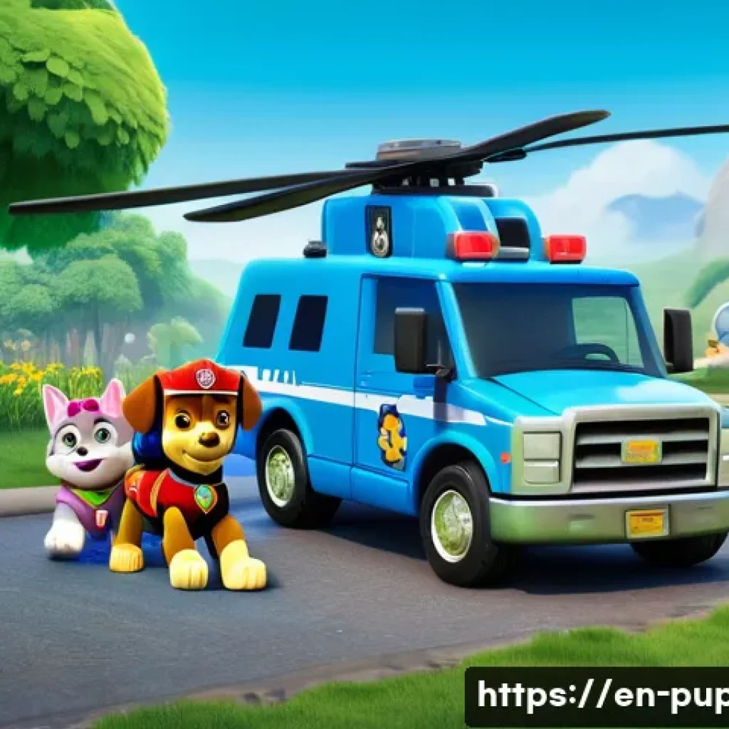 퍼피구조대 스토리 전개 방식 - **Prompt:** A vibrant, high-quality CGI animation still of the entire PAW Patrol team, including Ryd...