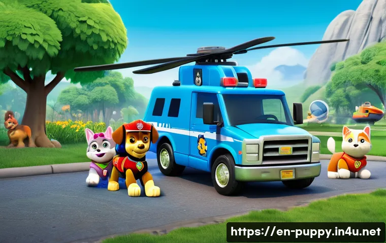 퍼피구조대 스토리 전개 방식 - **Prompt:** A vibrant, high-quality CGI animation still of the entire PAW Patrol team, including Ryd...