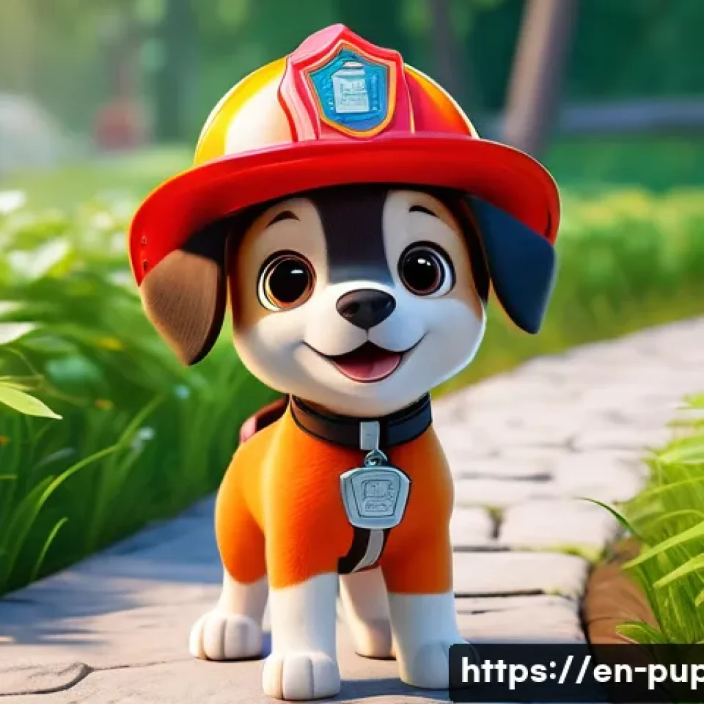 퍼피구조대 캐릭터 디자이너의 의도 - A vibrant, animated puppy character designed for a children’s show, featuring a bright red and orang...