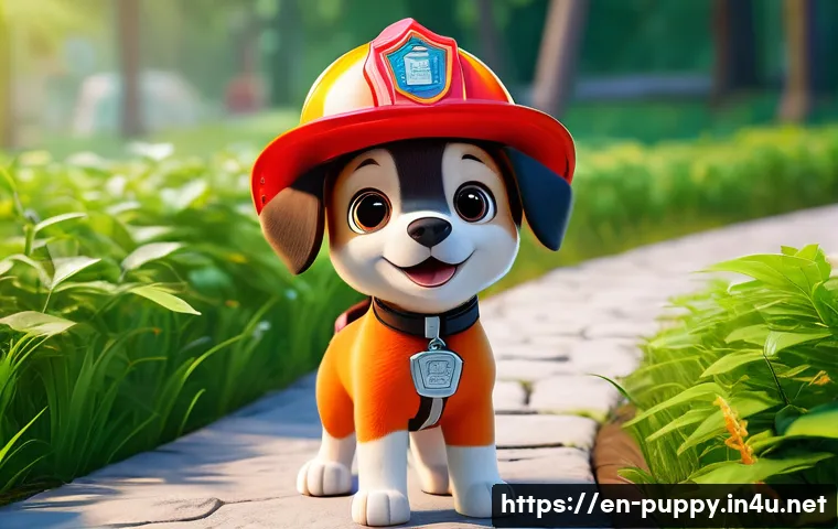 퍼피구조대 캐릭터 디자이너의 의도 - A vibrant, animated puppy character designed for a children’s show, featuring a bright red and orang...