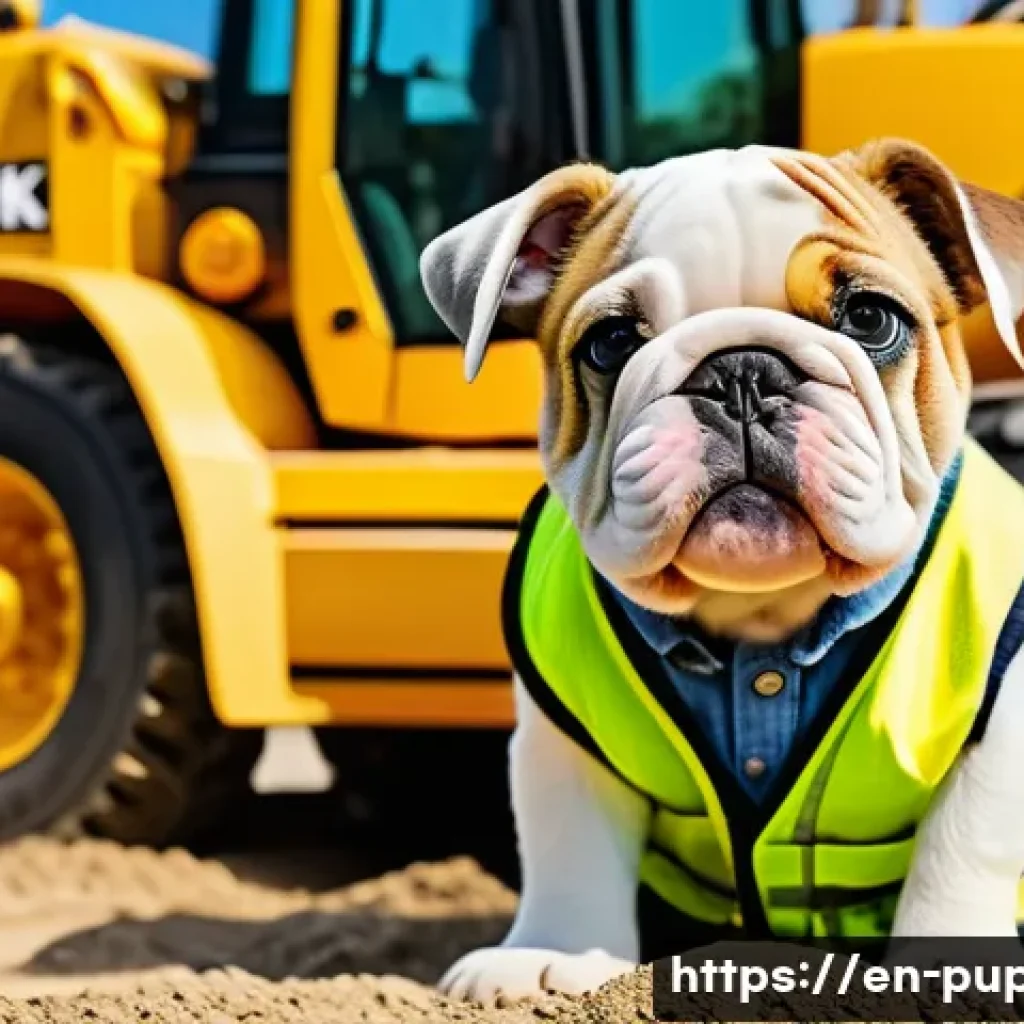 퍼피구조대 루블 특징 - A friendly, sturdy bulldog pup wearing a bright yellow construction vest and helmet, operating a det...