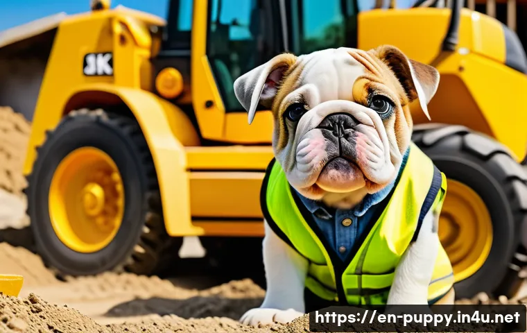 퍼피구조대 루블 특징 - A friendly, sturdy bulldog pup wearing a bright yellow construction vest and helmet, operating a det...