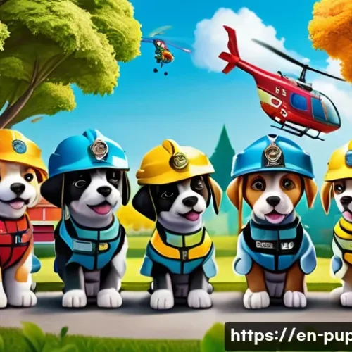 퍼피구조대 주요 에피소드 - A vibrant, detailed scene of a group of animated rescue puppies wearing colorful uniforms and gear, ...