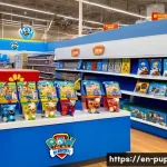 퍼피구조대 방송 후원사 - A vibrant retail store aisle decorated with colorful Paw Patrol themed displays featuring exclusive ...