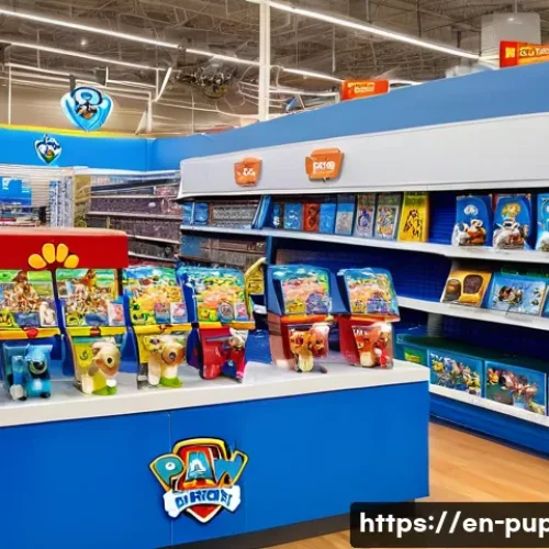 퍼피구조대 방송 후원사 - A vibrant retail store aisle decorated with colorful Paw Patrol themed displays featuring exclusive ...