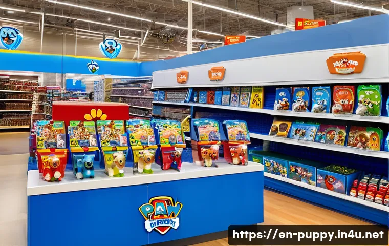 퍼피구조대 방송 후원사 - A vibrant retail store aisle decorated with colorful Paw Patrol themed displays featuring exclusive ...