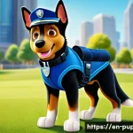퍼피구조대 주요 목소리 연기자 - A vibrant, dynamic illustration of Chase, the brave German Shepherd police pup from Paw Patrol, stan...