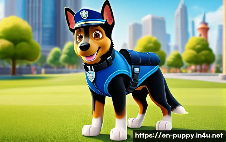 퍼피구조대 주요 목소리 연기자 - A vibrant, dynamic illustration of Chase, the brave German Shepherd police pup from Paw Patrol, stan...