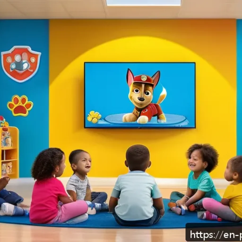 퍼피구조대 시청 연령대 분석 - A vibrant preschool classroom scene featuring diverse toddlers aged 2 to 5 years sitting in a semi-c...