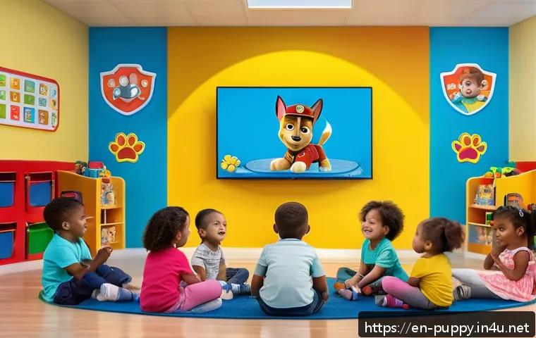 퍼피구조대 시청 연령대 분석 - A vibrant preschool classroom scene featuring diverse toddlers aged 2 to 5 years sitting in a semi-c...