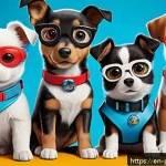 퍼피구조대 제작 비하인드 - A vibrant scene featuring a team of cartoon rescue puppies in dynamic poses, each with unique access...