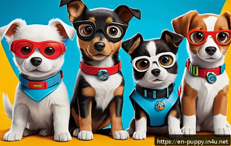 퍼피구조대 제작 비하인드 - A vibrant scene featuring a team of cartoon rescue puppies in dynamic poses, each with unique access...