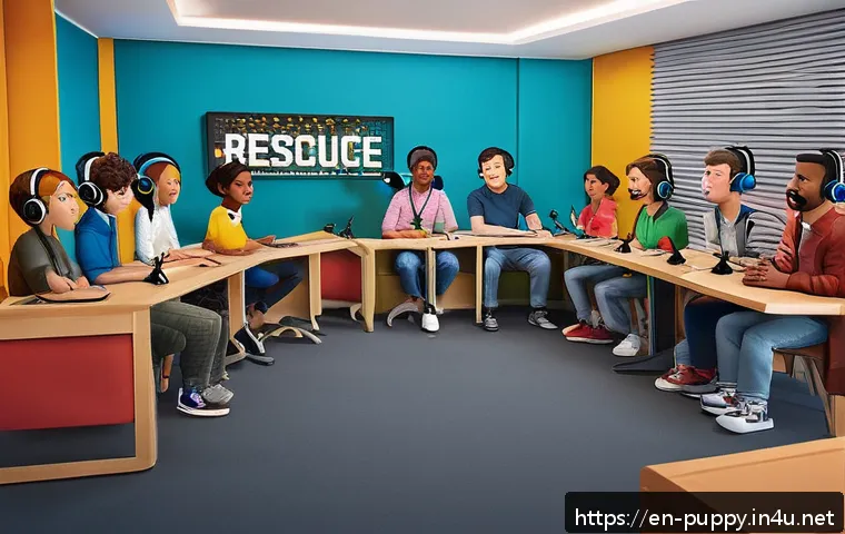 퍼피구조대 주요 배우 인터뷰 - A lively recording studio scene showing a diverse group of animated voice actors, each wearing casua...