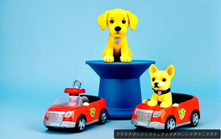 퍼피구조대 인기 장난감 순위 - Photorealistic product comparison scene of three colorful preschool puppy rescue vehicle toys arrang...