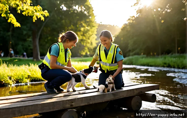 퍼피구조대의 윤리적 메시지 - Photorealistic scene of three cheerful rescue puppies in simple unbranded safety vests working toget...